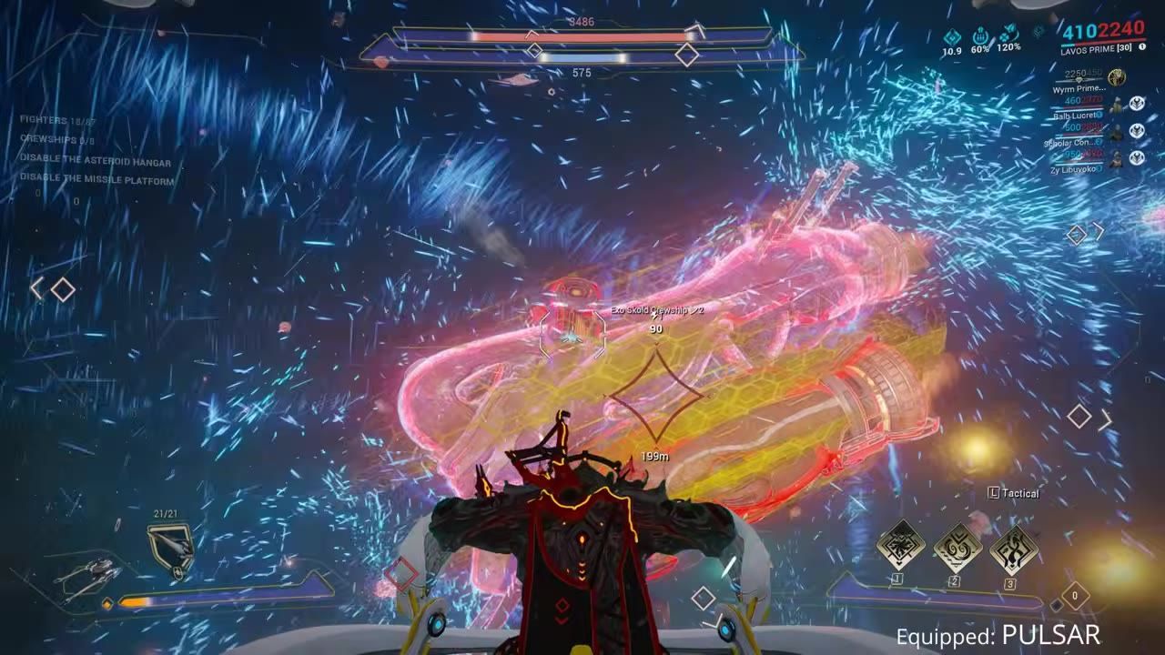 A Grineer crewship surrounded by shields and visible shield generators from the perspective of a player's view.