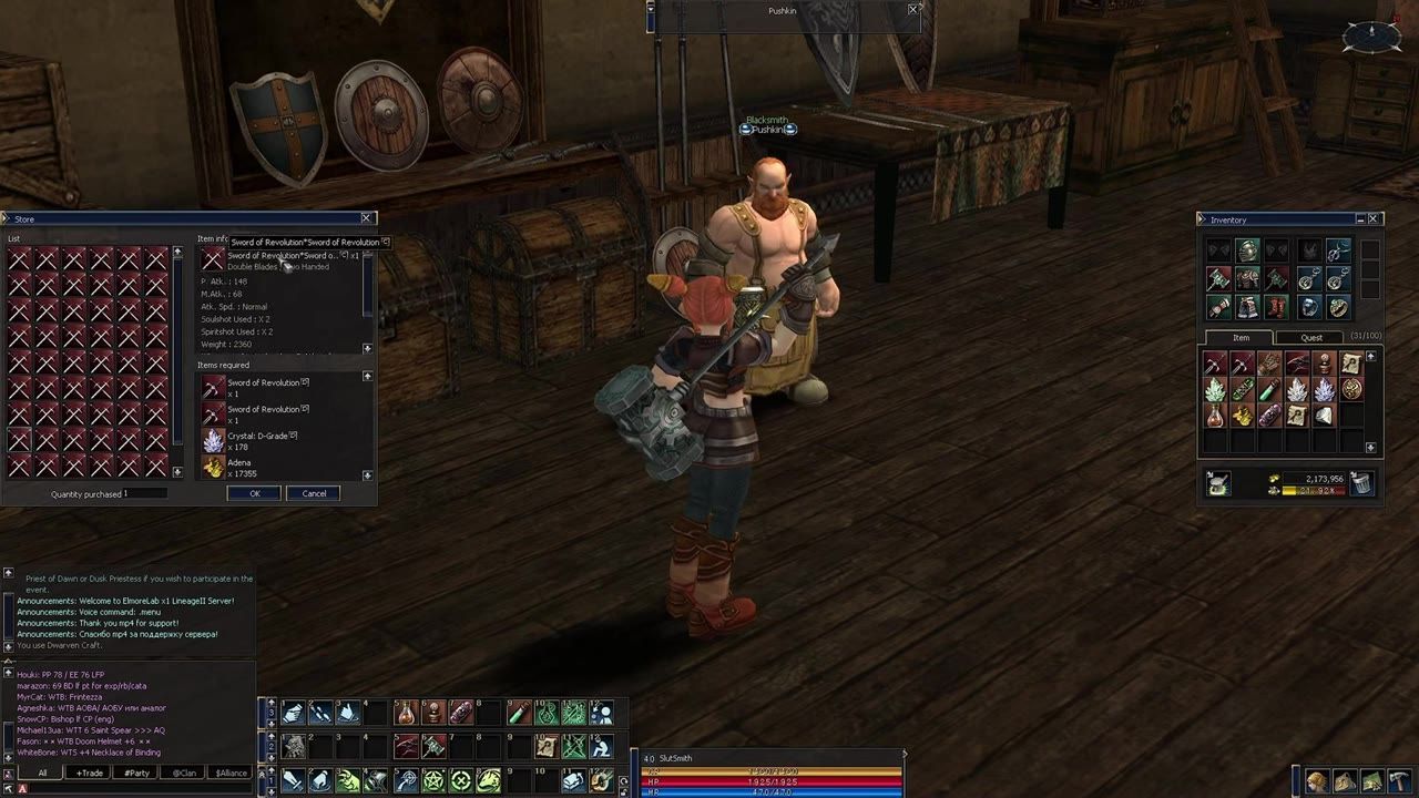 A character interacting with a blacksmith NPC in a game with inventory and crafting options visible.