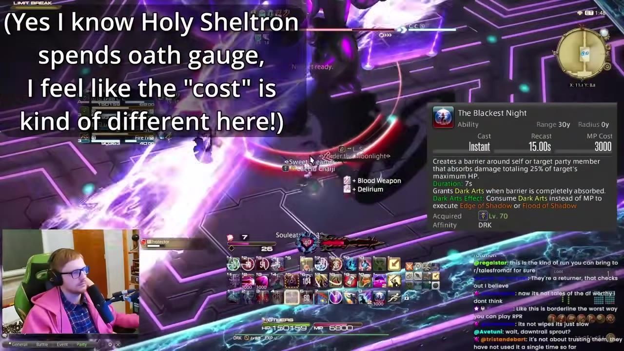 A scene from FFXIV showing a Dark Knight using The Blackest Night skill with its effects visible on the character and target.