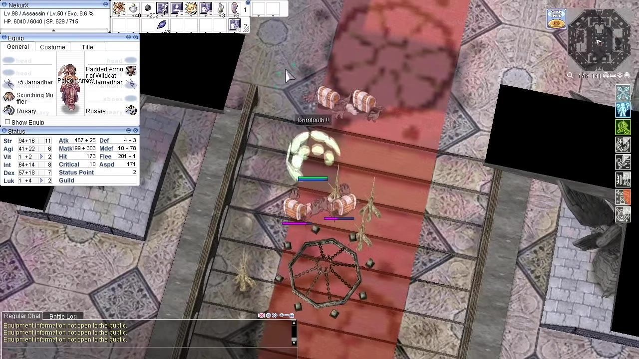 Game screenshot showing an Assassin character details and gameplay interface, with farming activity visible.