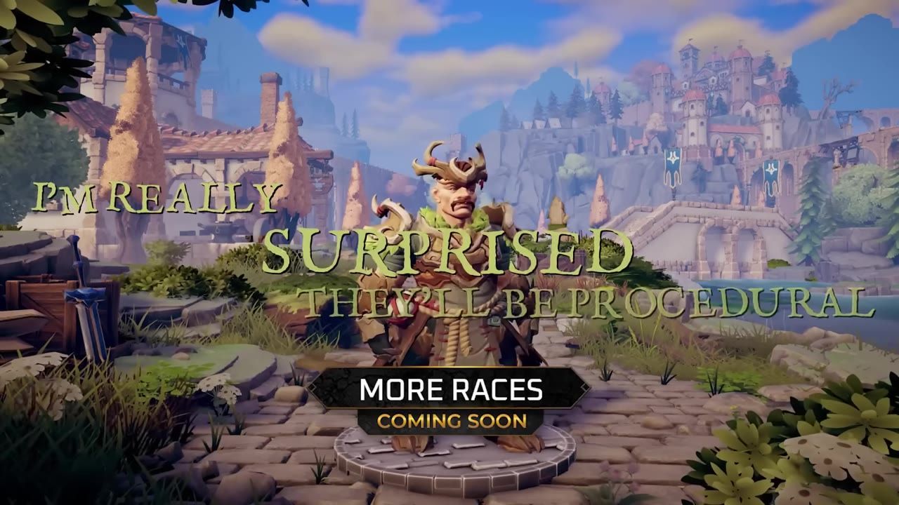 A game screen with a character and text overlay mentioning procedural dungeons.