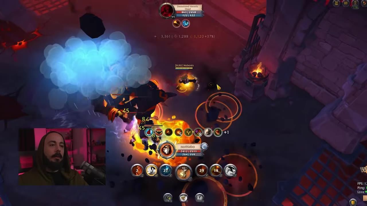 A character engaging in combat in a dungeon with various skills and effects active.