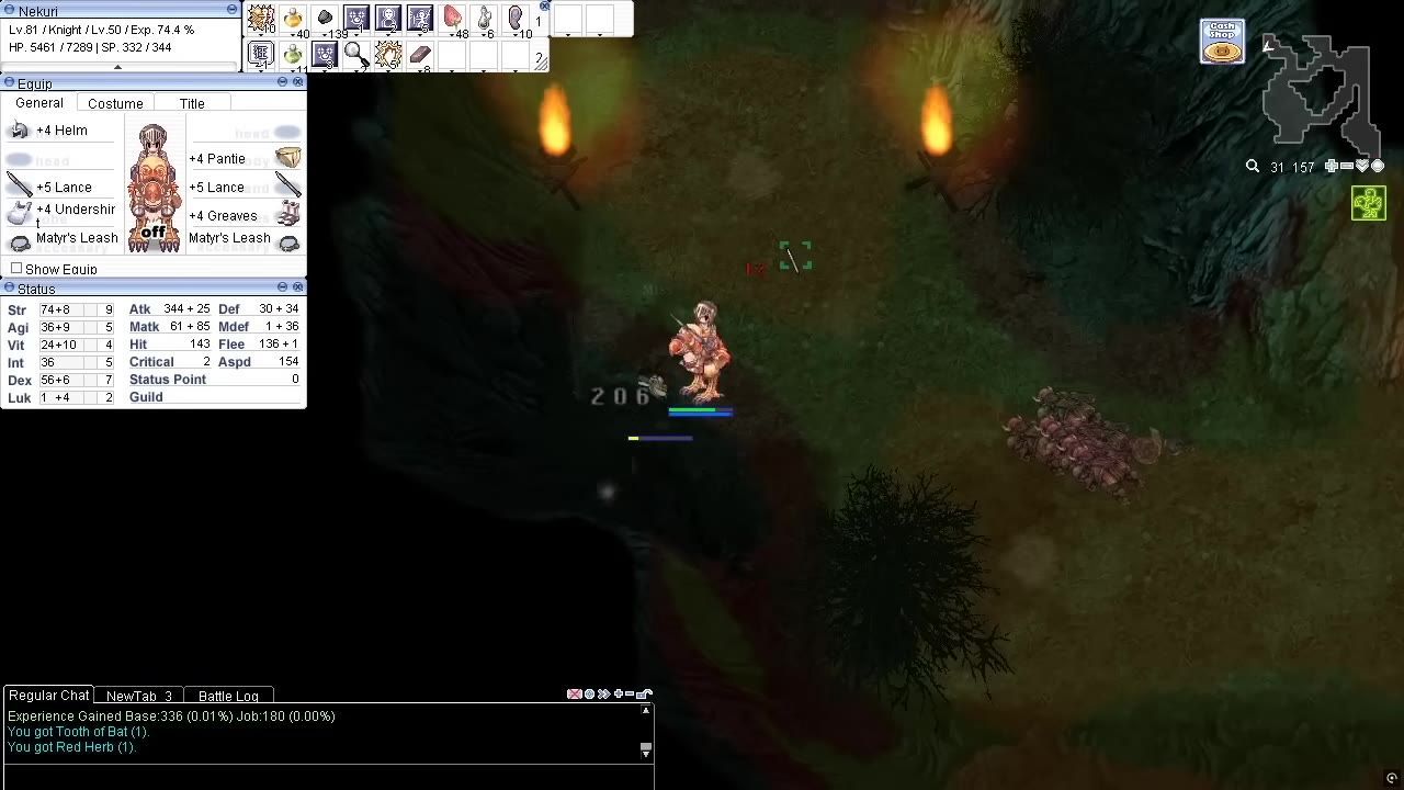 A game character fighting enemies in a dungeon with on-screen interface details.