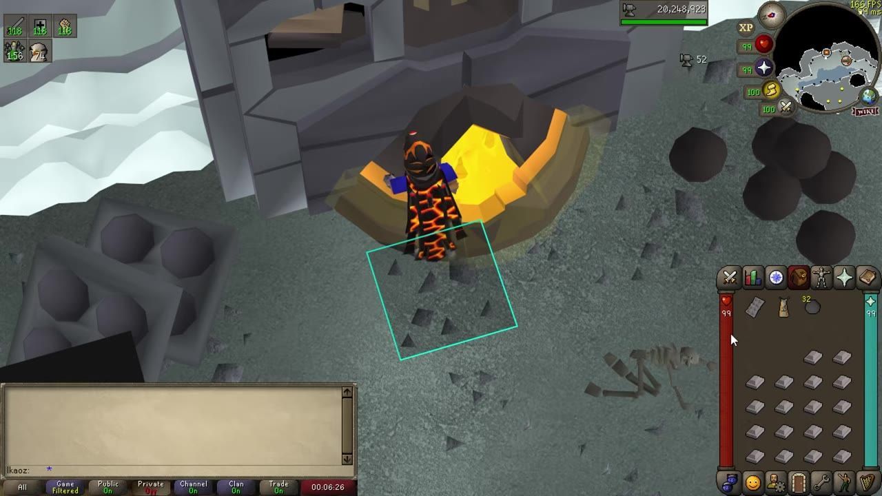 A player standing near a furnace in a game, with visible inventory items including metal bars.