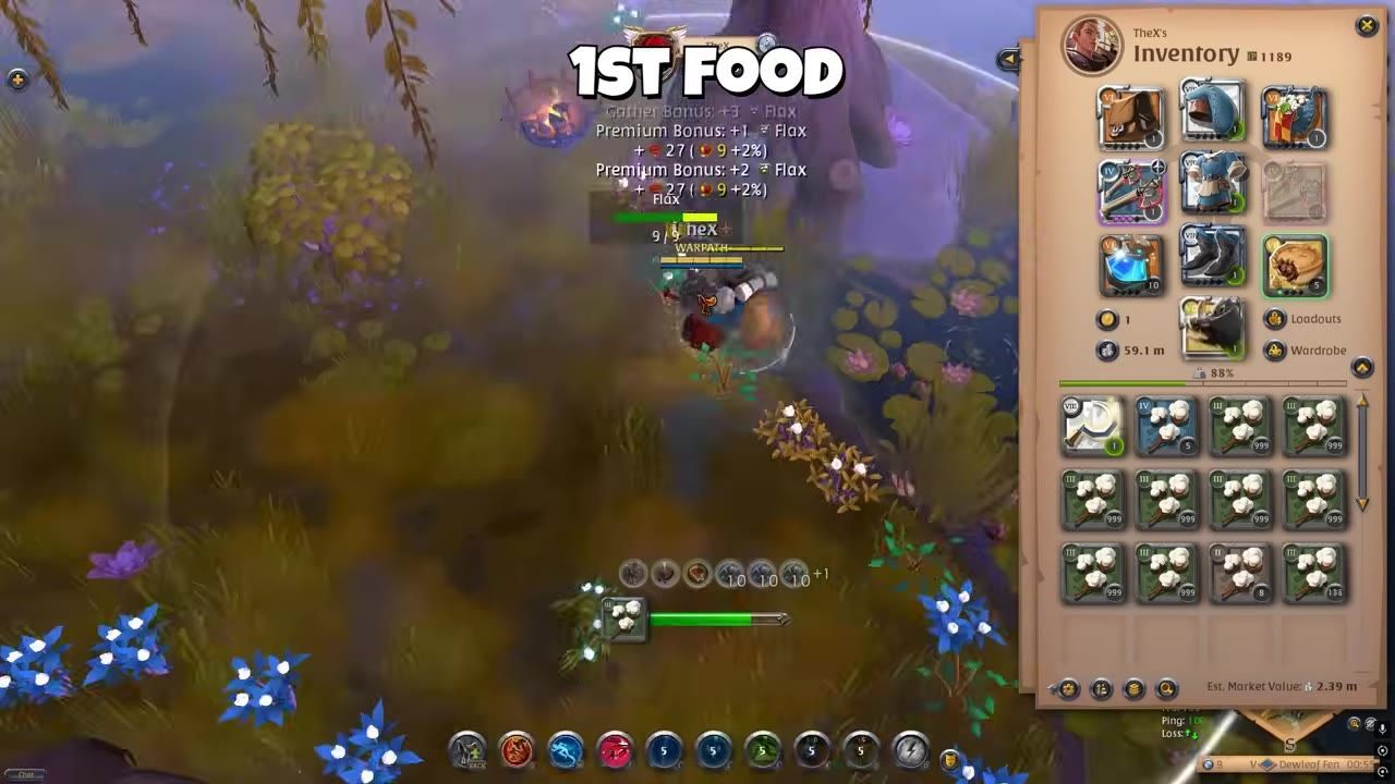 Gameplay showing a character gathering resources with inventory displayed containing Tier 3 fiber stacks.
