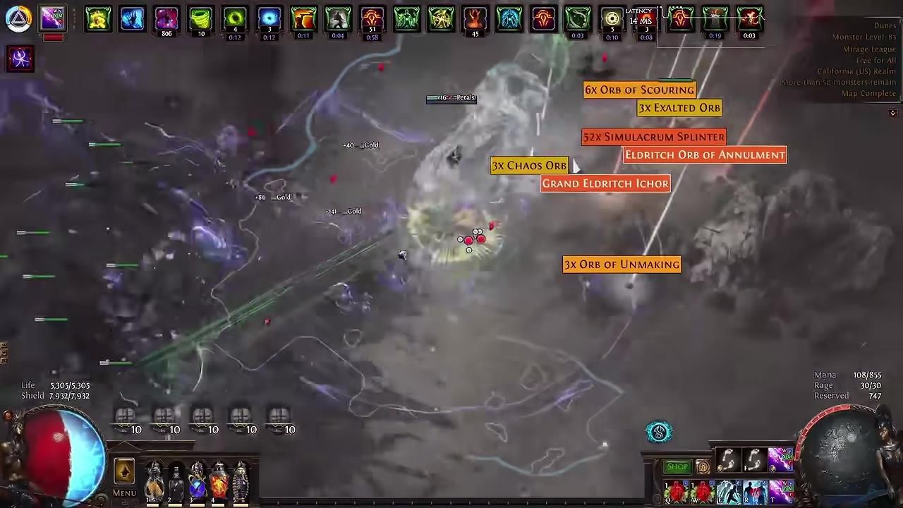 Scene shows Elemental Hit Deadeye build clearing enemies in a map, with loot displayed.