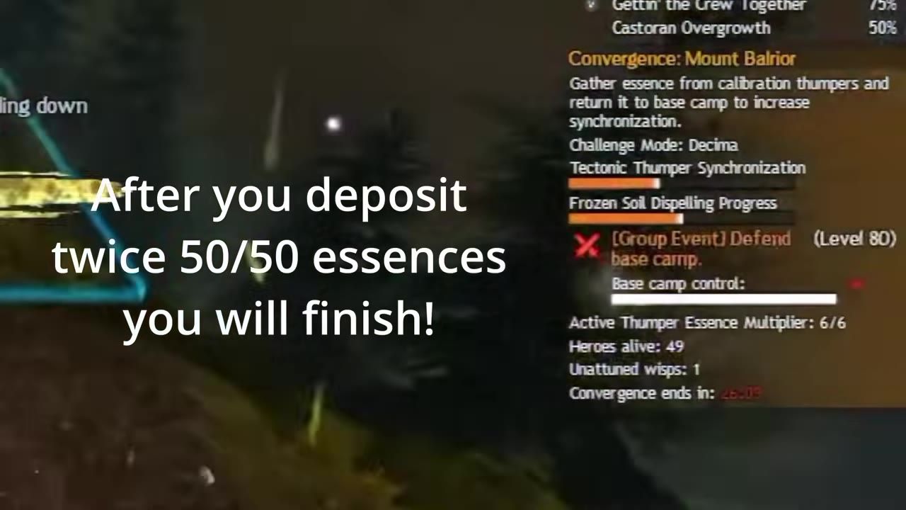 A game interface shows the Convergence: Mount Balrior event panel with an active essence multiplier and progress bars, overlaid by large text saying after depositing twice 50/50 essences you will finish.