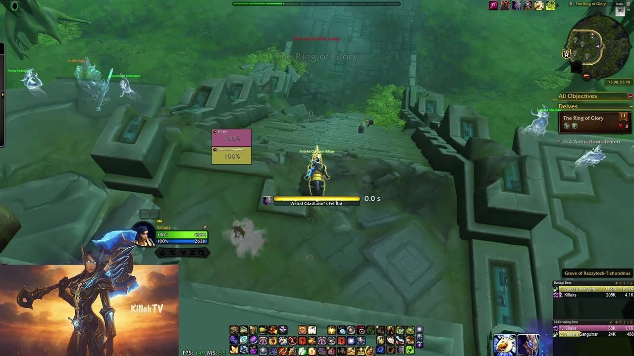 A mounted character running through a staircase in the Ring of Glory delve.