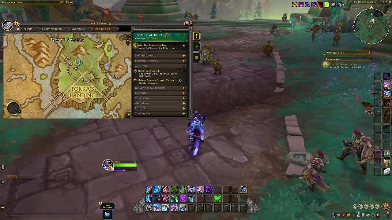 Game interface showing a map marked 'Tokka's Landing', the character in front of NPCs, and actions bars.
