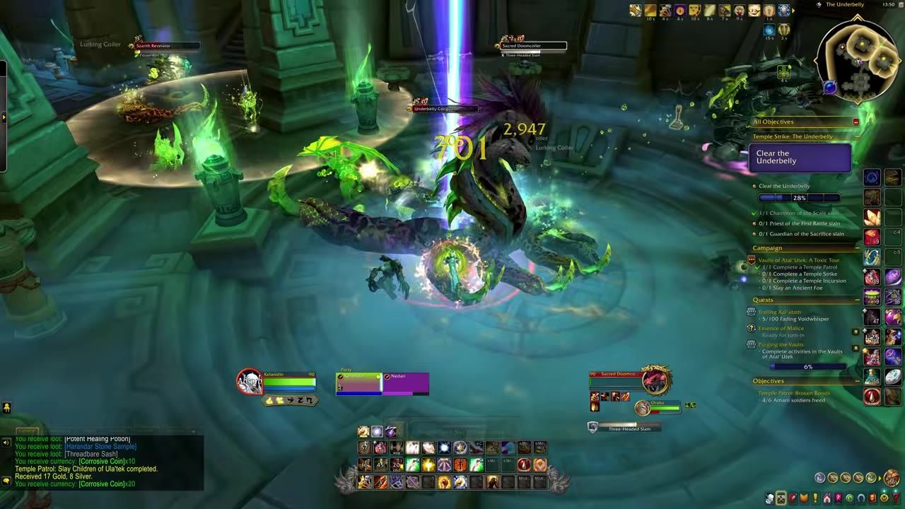 A player battles creatures in a green-lit temple environment with objectives visible highlighting progress in Vaults of Atal’utek activities.