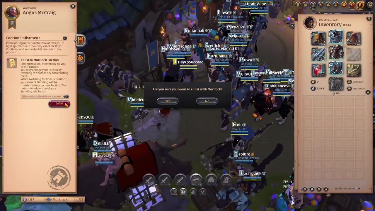 Faction enlistment screen in a game showing Martlock faction selection and confirmation dialog.