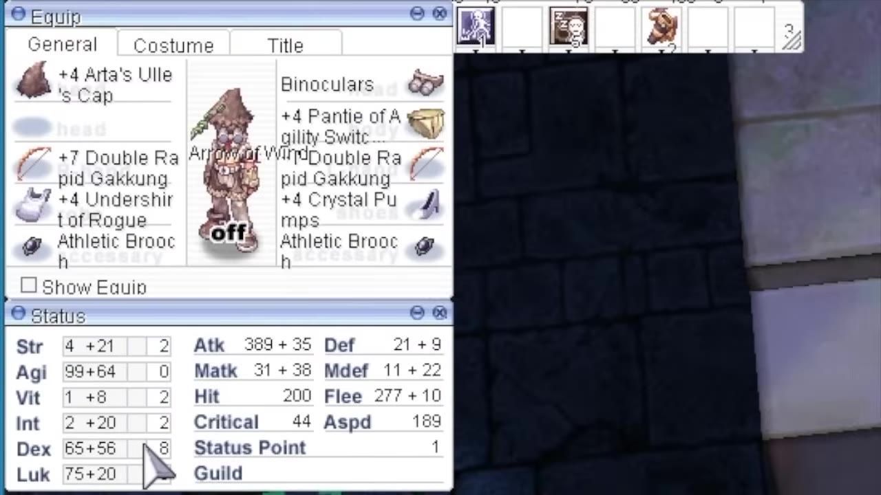Character inventory screen displaying equipped items and character stats, including ASPD.