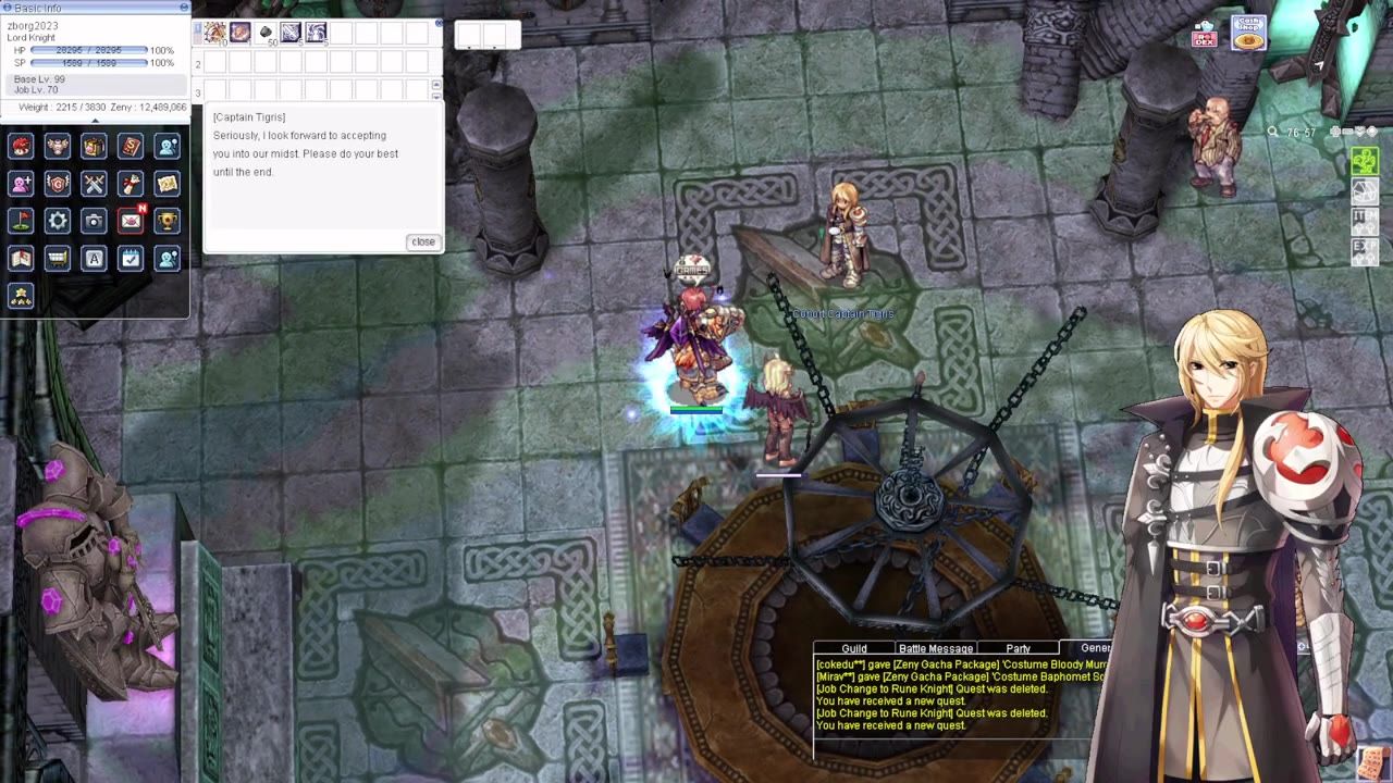 A Rune Knight quest dialogue window is open over an indoor stone chamber with the character Captain Tigris standing nearby and a large Rune Knight portrait on the right.
