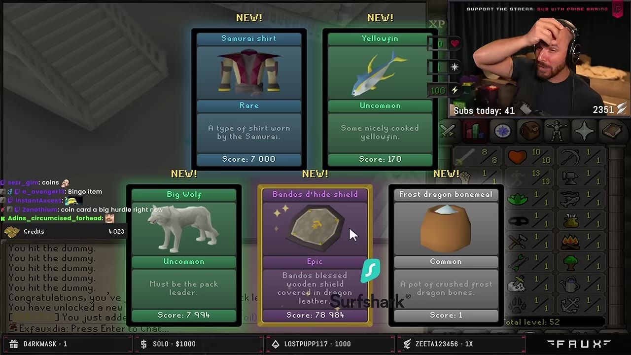 Game interface showing five items including an 'Epic' Bandos d'hide shield framed in a purple border, indicating special rarity.