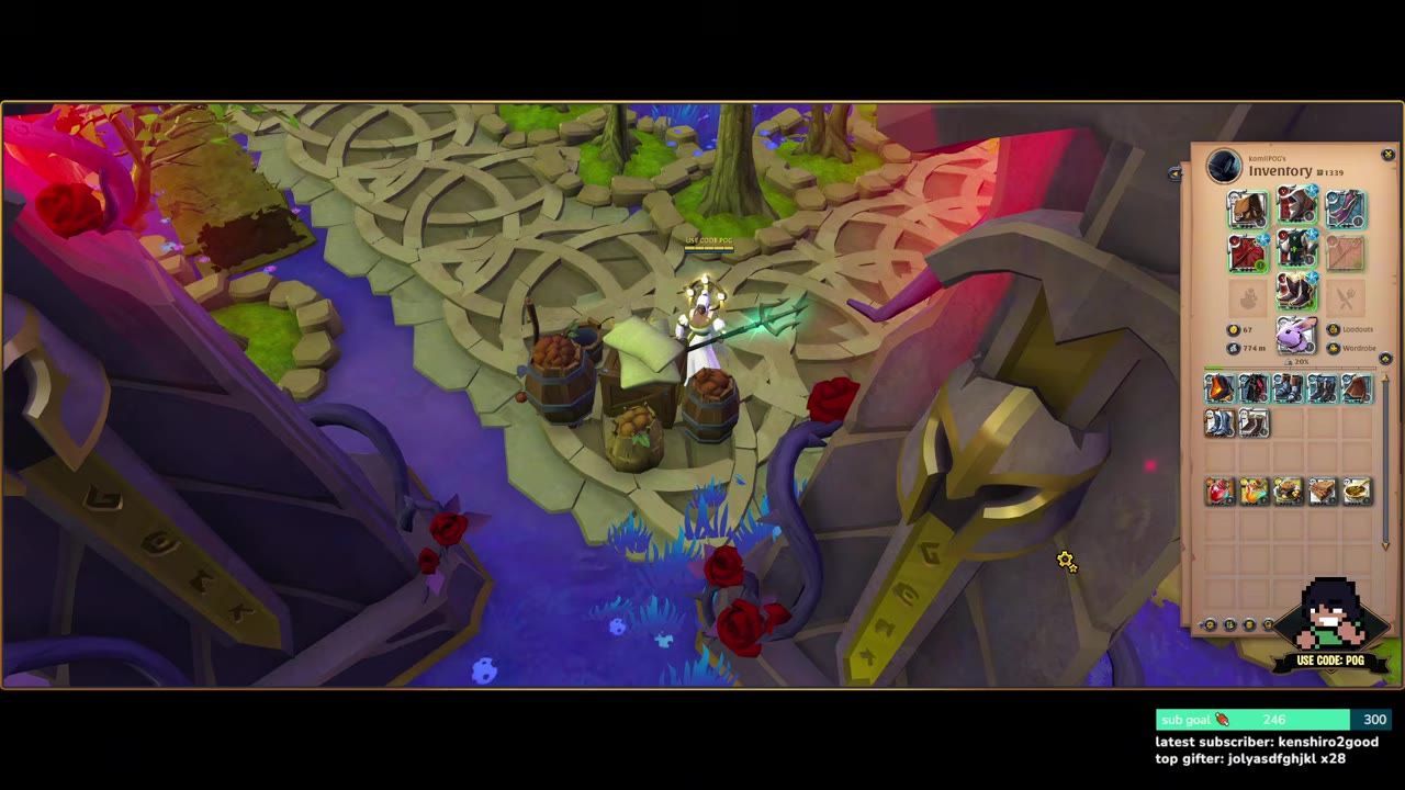 Game scene with character near barrels, and inventory screen displaying items, including food and potions.