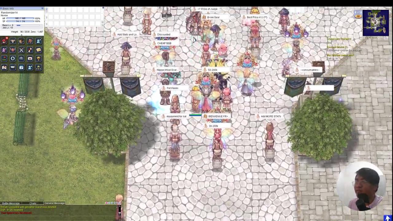 A crowded Ragnarok Online marketplace with several player stalls and sale signs on a stone plaza.