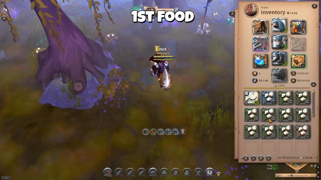 A player riding a boar in a field with open inventory showing gathered materials.