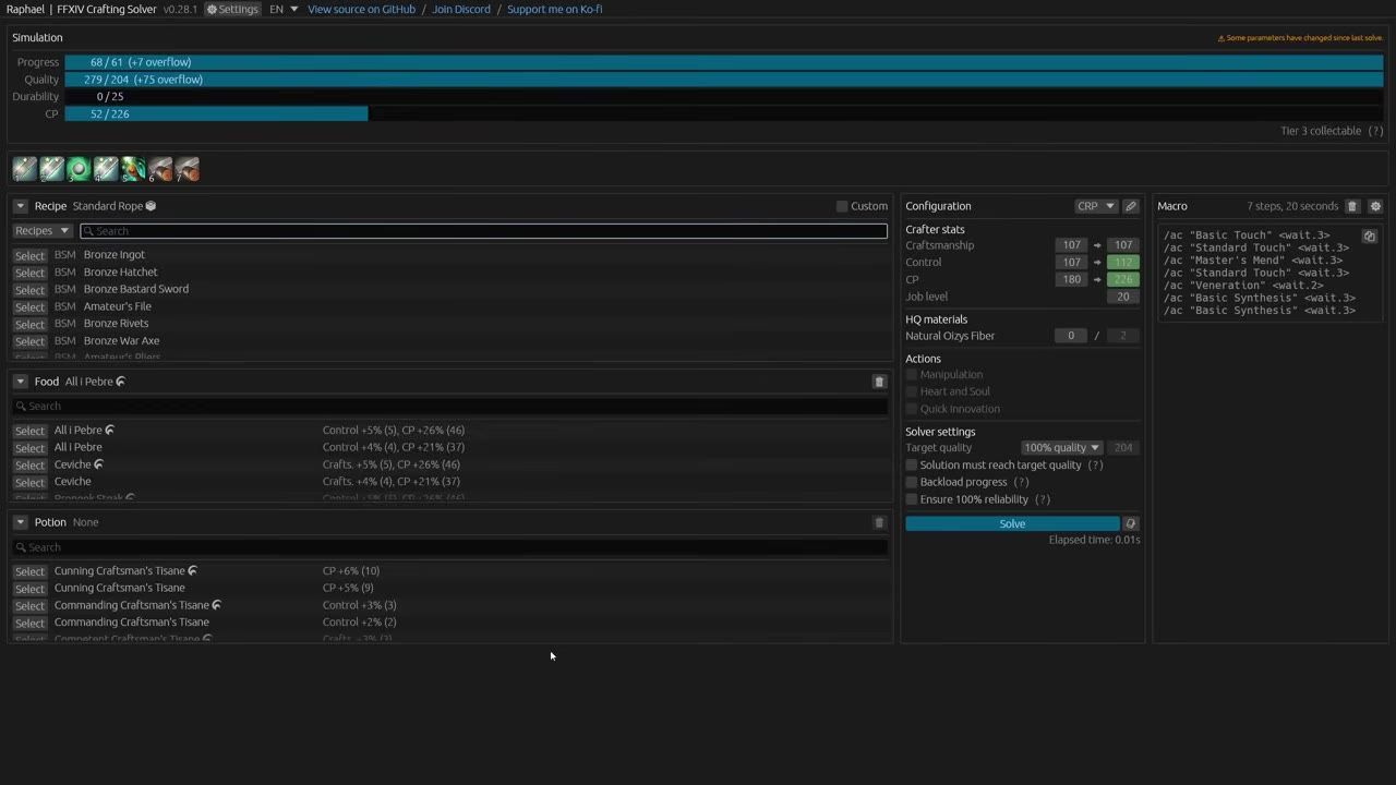 Interface of Raphael XIV crafting solver showing simulation parameters and macro settings.