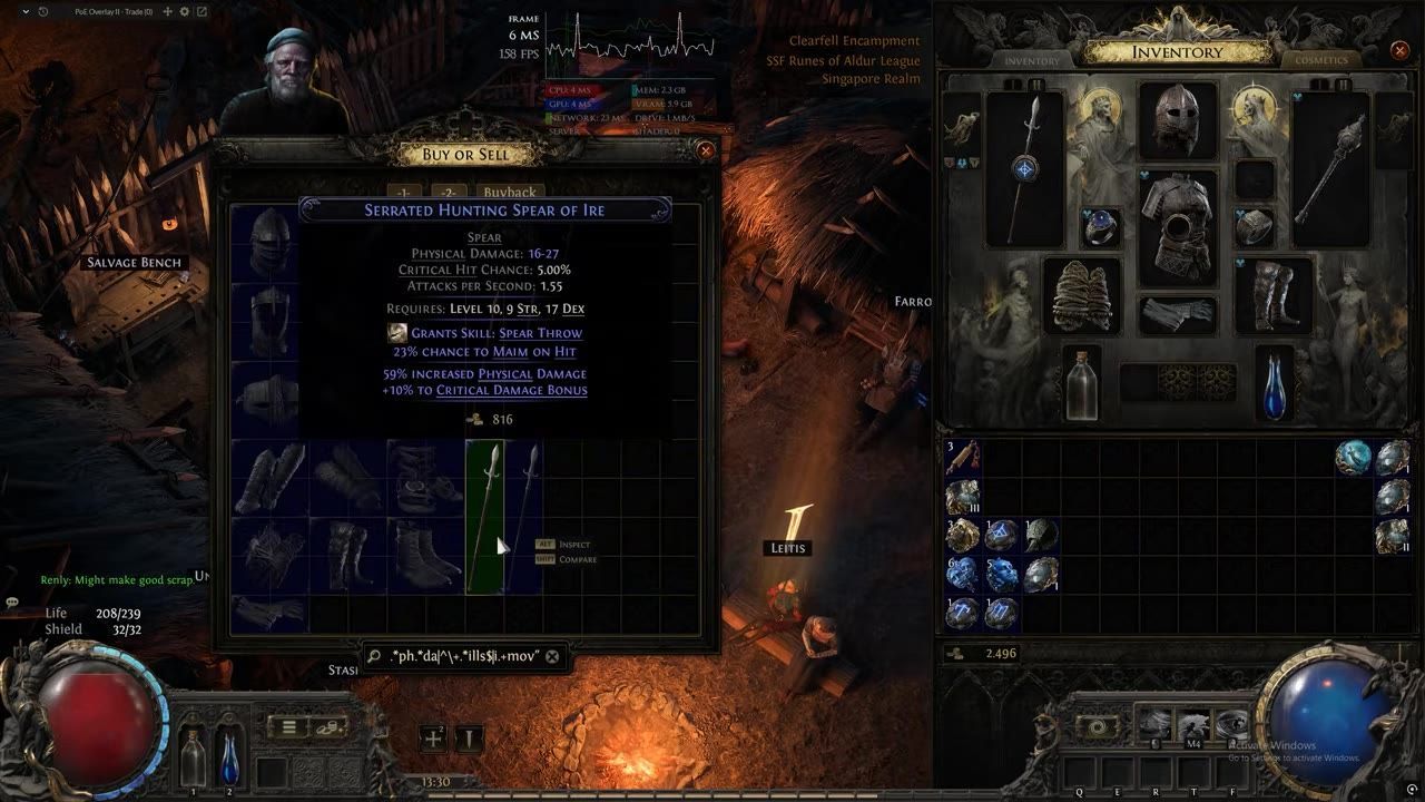 Vendor interface showing available gear upgrades in a game.