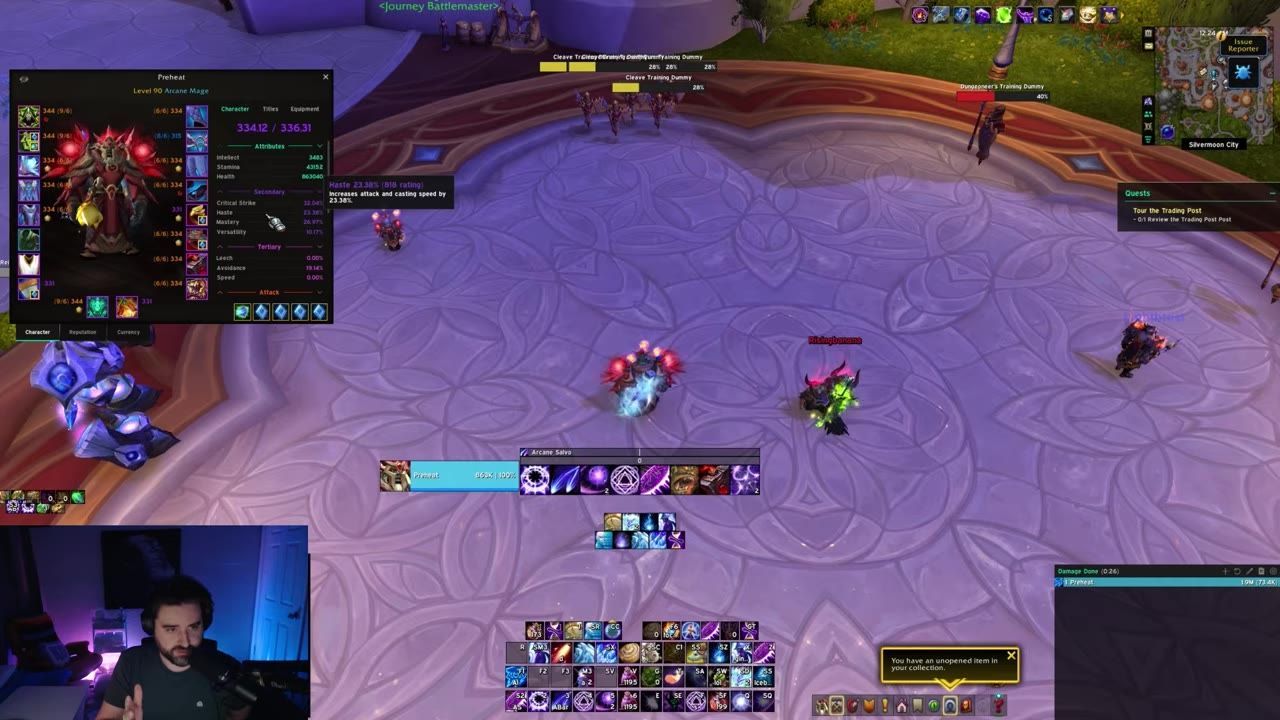 A gameplay screenshot of a character stats panel in World of Warcraft, showing attributes and equipment.