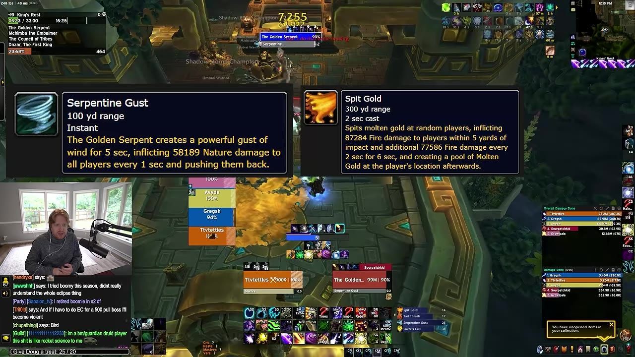 Gameplay showing Golden Serpent battle with molten gold puddles and action interface.