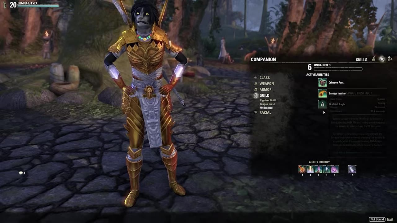 A game menu showcasing guilds including Fighters, Mages, and Undaunted with their skill levels and related abilities.