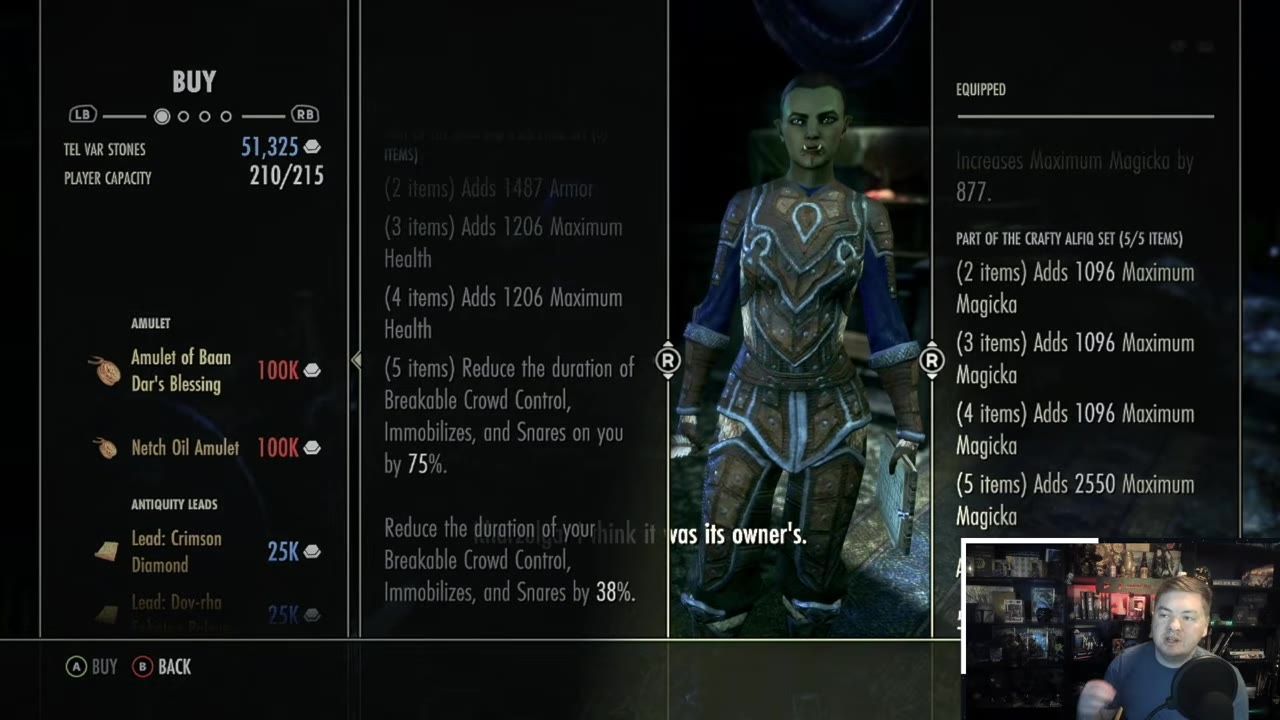 Video game screenshot showing a vendor screen with items for sale and player character stats.