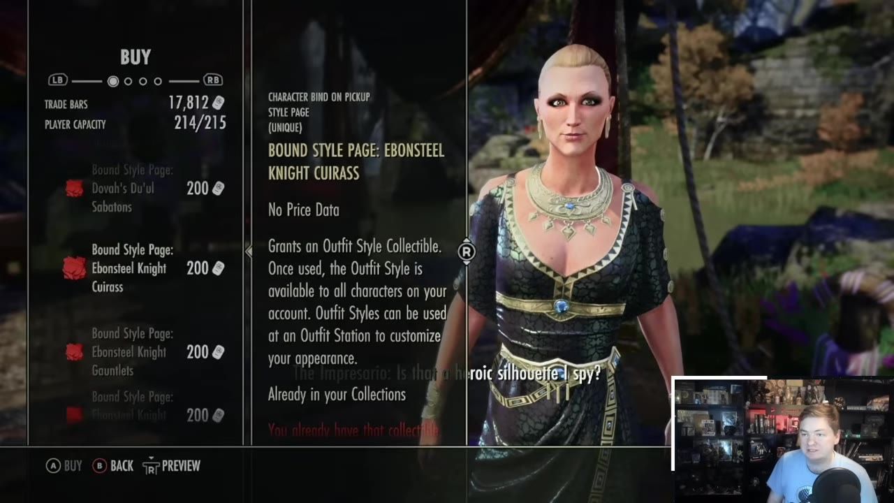 A vendor screen in a game displaying various Bound Style Pages, with details of the selected item shown on the right.