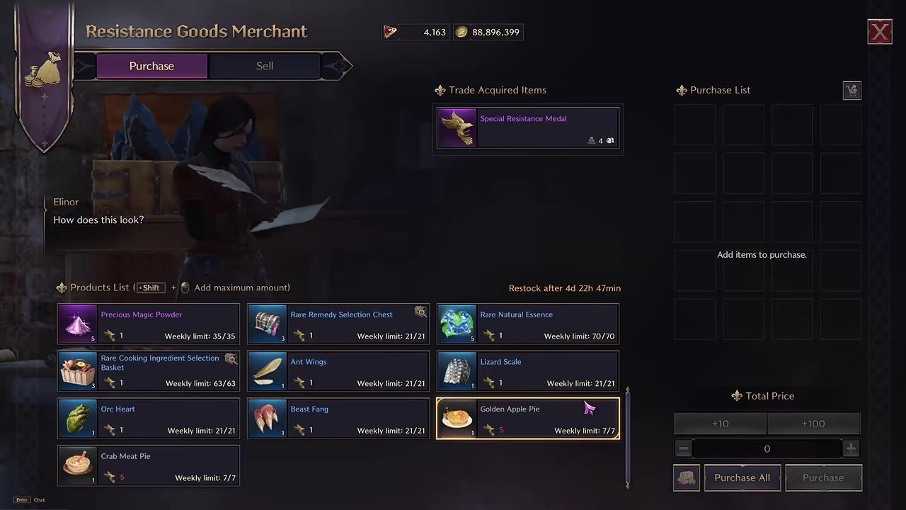 A game interface displaying the Resistance Goods Merchant with various items including Lizard Scale.