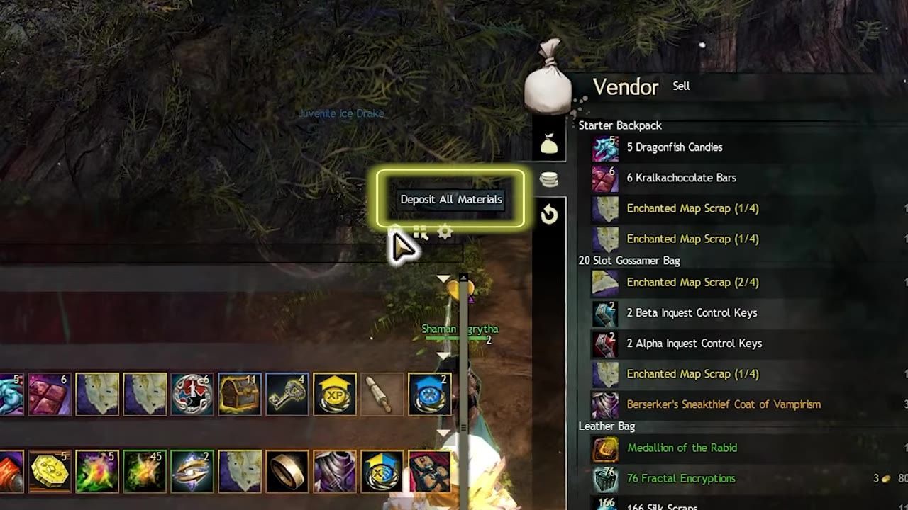 Inventory screen showing various items and a highlighted 'Deposit All Materials' button.
