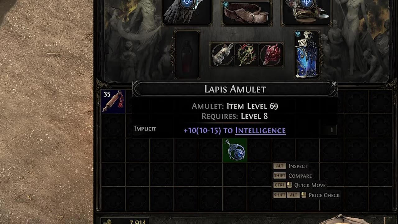 Tooltip for a Lapis Amulet with item level and modifiers displayed.