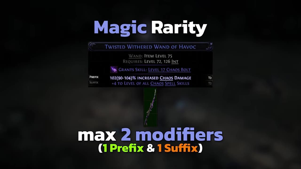Screen displaying item modifiers including prefix and suffix details on a magic rarity item.