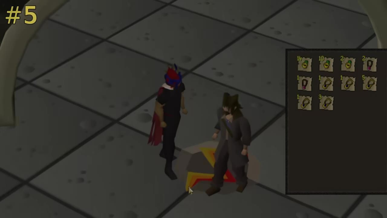 Two characters stand near the Grand Exchange symbol in a game, with inventory displaying multiple jewelry items.