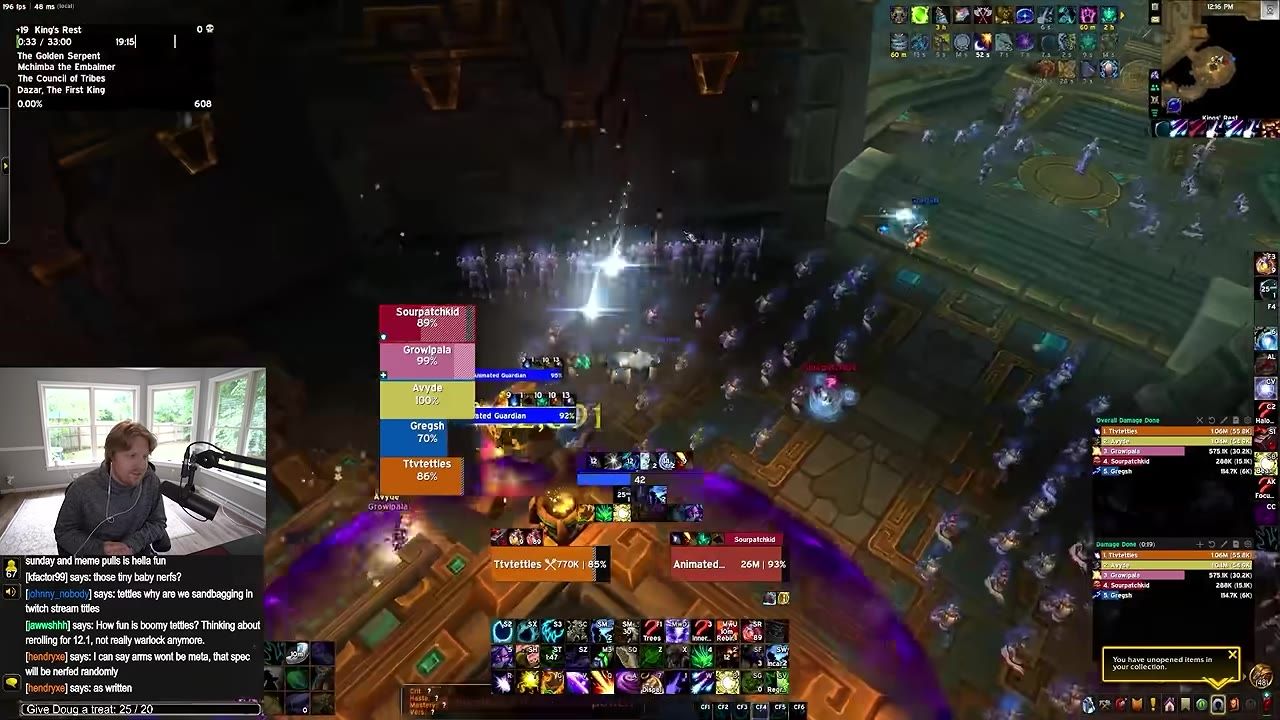 A World of Warcraft dungeon run takes place inside King's Rest with the player fighting a large pack of enemies on a wooden platform while damage meters and chat overlay the screen.