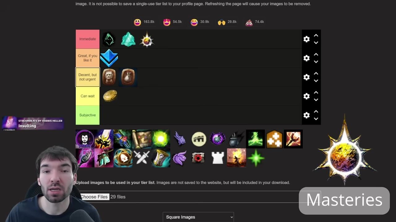 A tier-list style webpage shows multiple mastery icons arranged by categories, with a large label reading Masteries in the lower right and a speaker's face in the lower left.