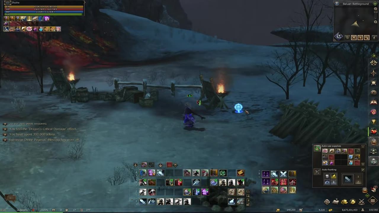 A screenshot of a video game showing a character, various UI elements, inventory items, a minimap, and game messages and info.