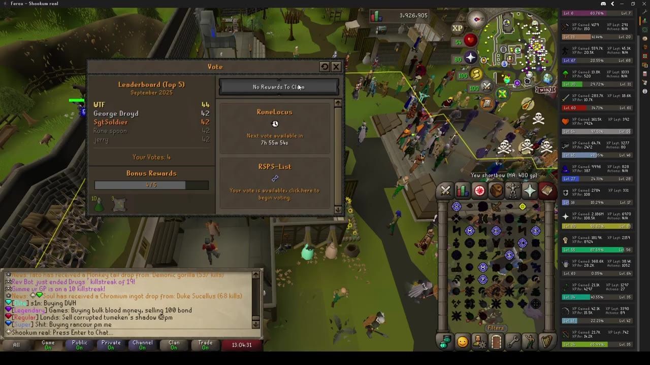 Gameplay showing the vote rewards menu and available voting options.