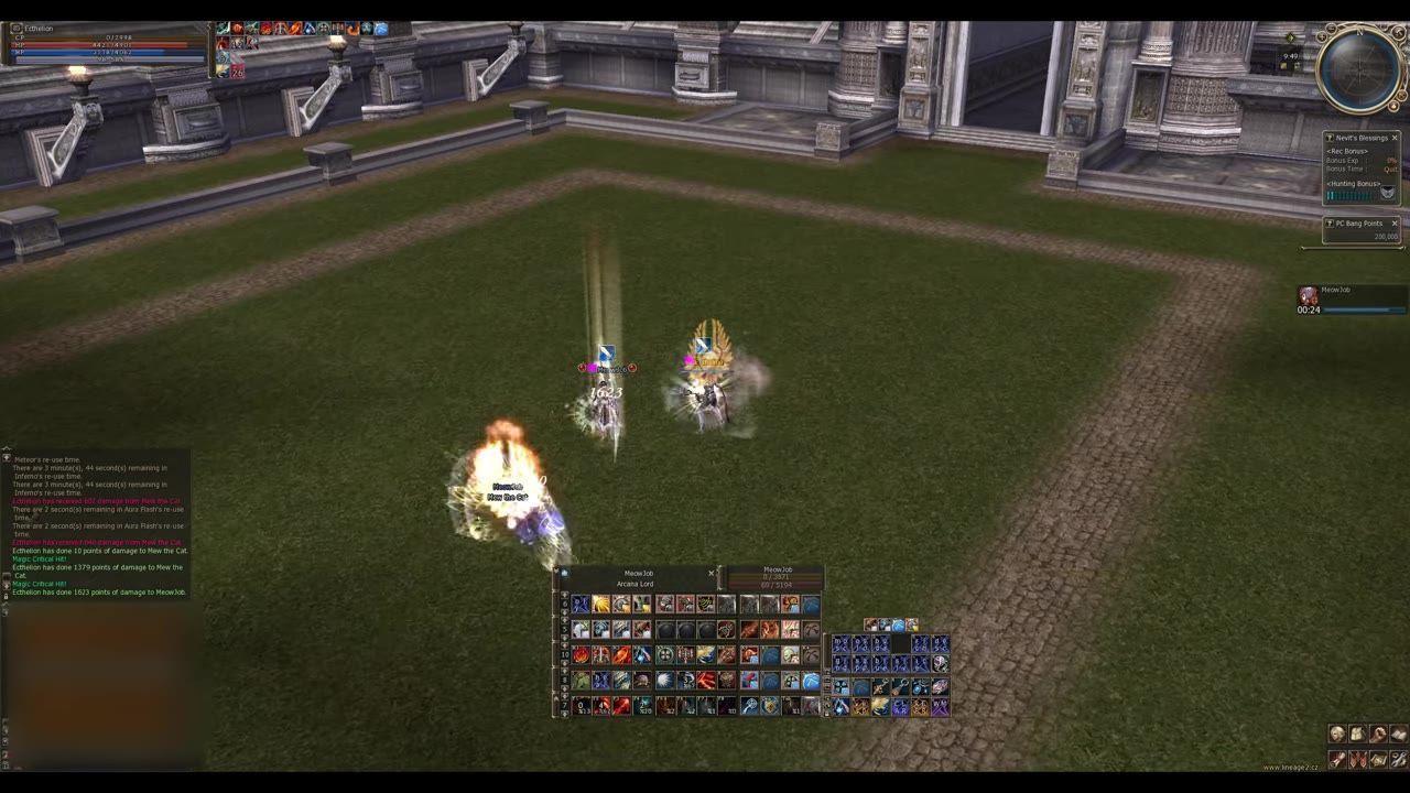 Gameplay from Lineage 2 showing PvP in Olympiad, with characters in battle, and an AoE spell effect.