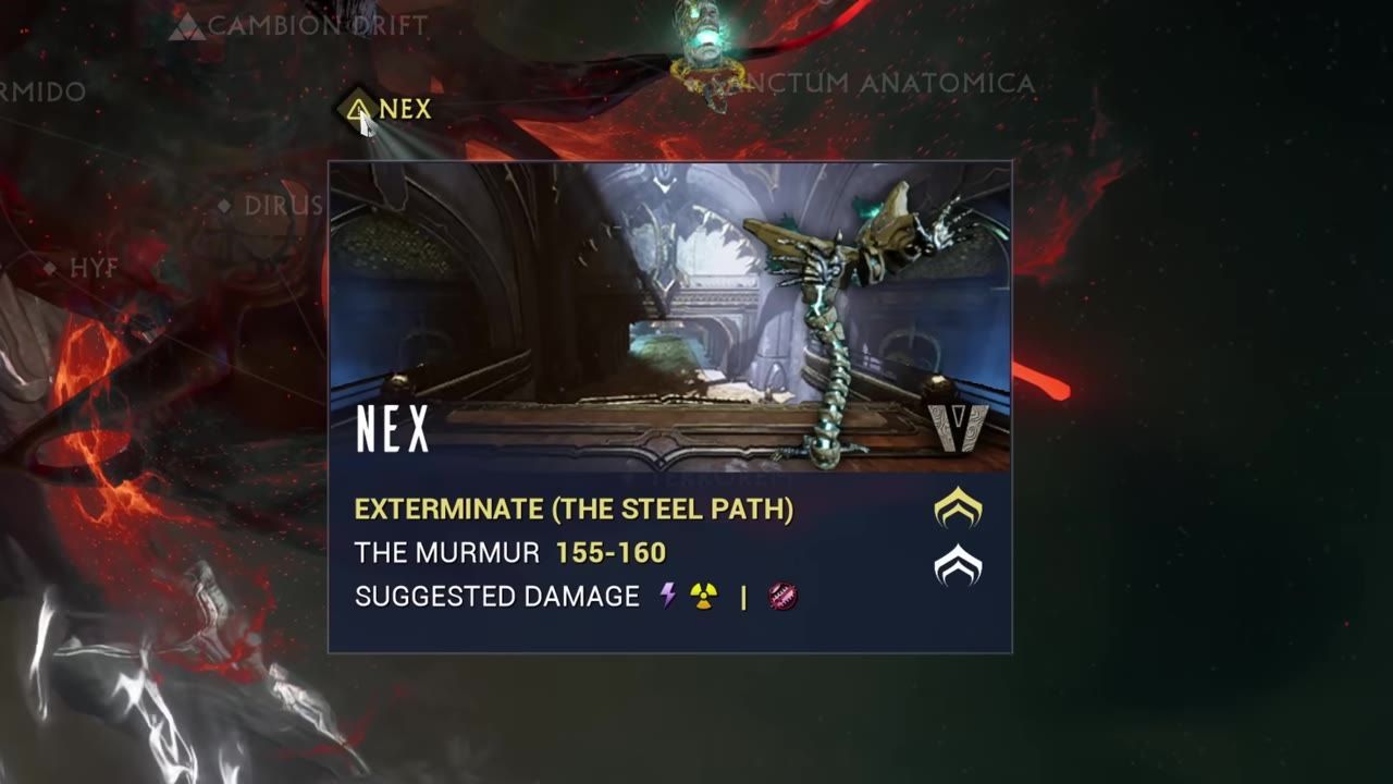 Interface displaying suggested damage types for a mission with elemental indicators.