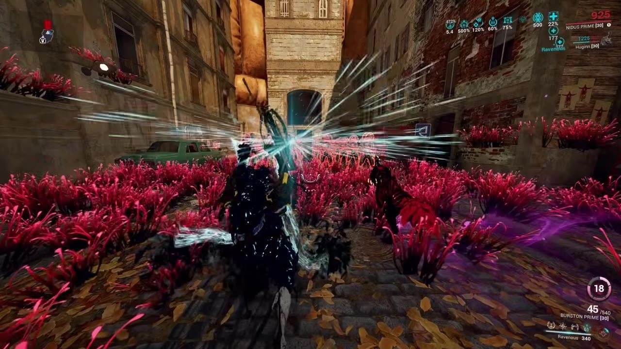 A battle scene with Nidus amidst enemies and ability effects in an urban environment.