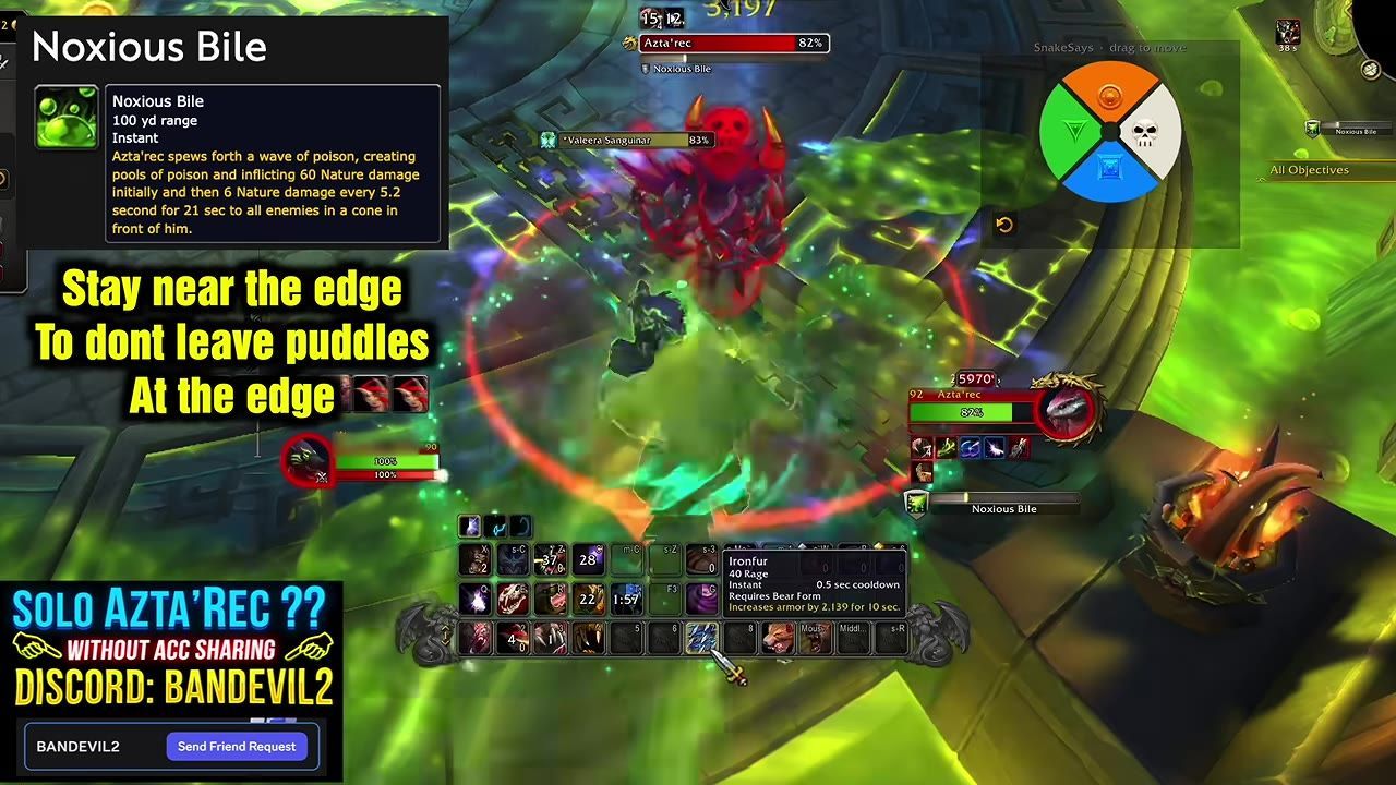 Game showing Azta'rec's fight arena with green puddles from Noxious Bile.