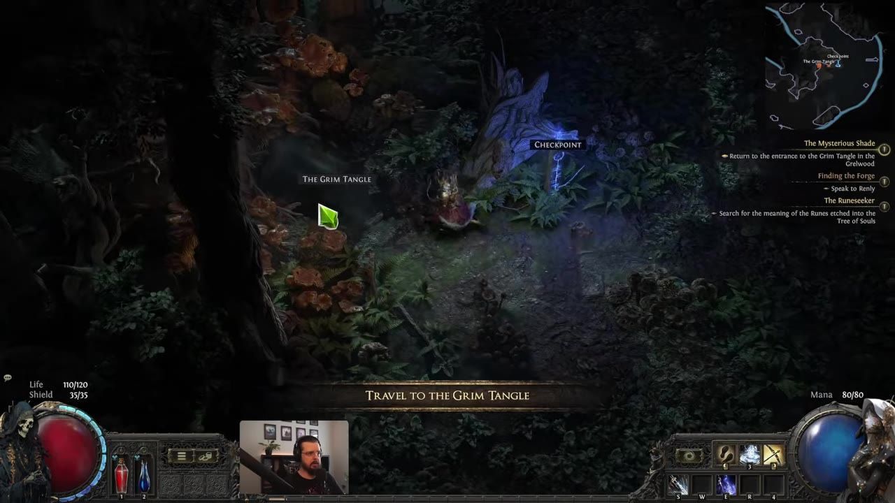 In-game view of the Grim Tangle area with a marked checkpoint.
