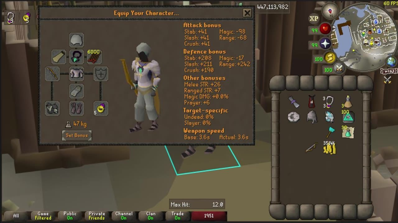 The in-game character equipment screen with gear bonuses showing, including a negative range bonus.