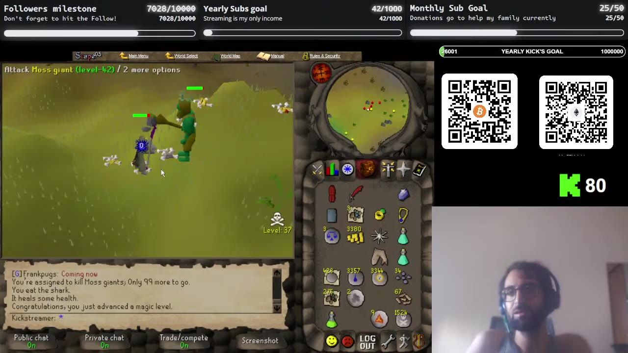 A player fights a Moss giant in a wilderness area while the inventory and minimap are open.