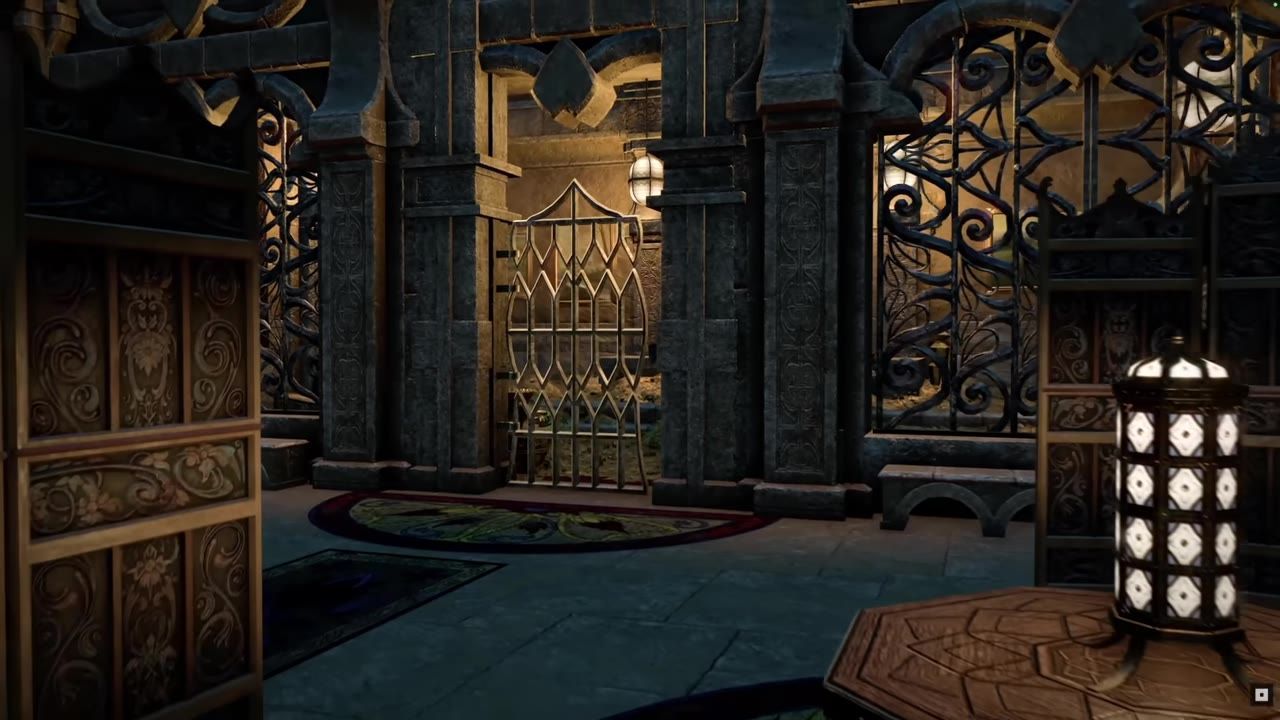 View of an ornate gated entrance and surrounding decor.