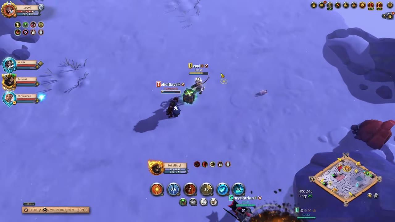Players are engaged in PVP combat in a snowy open area, as seen in a video game setting.