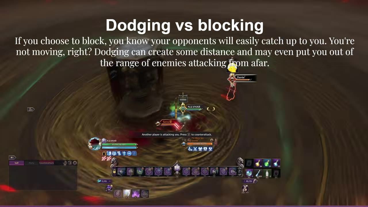 Gameplay showing character Navhar engaged in combat with multiple opponents on a circular battlefield.