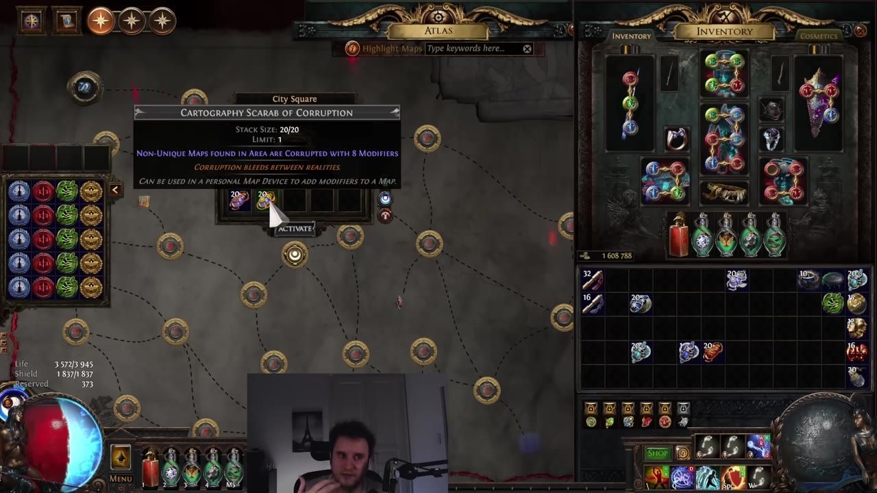 Game screenshot showing a scarab tooltip description and inventory with various items and scarabs.