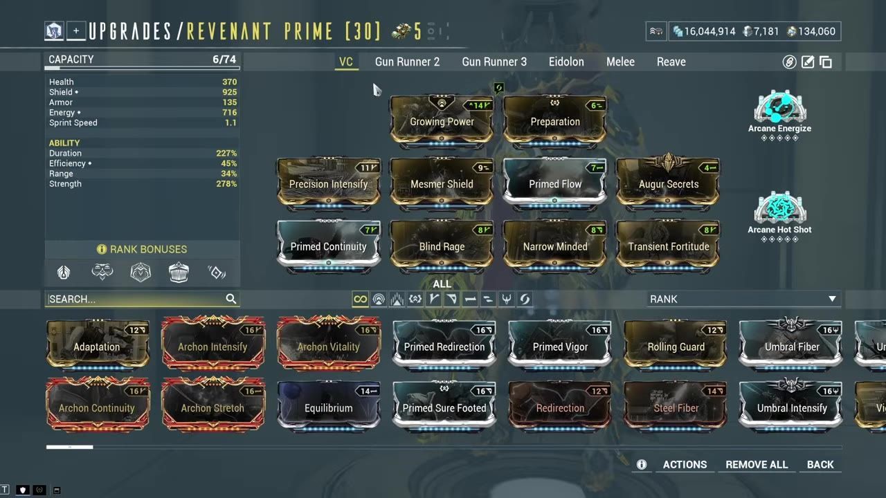 Player's equipment details displaying an optimized build for Revenant Prime in Warframe.