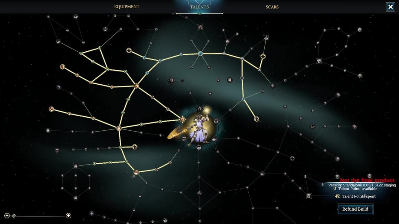 Talent selection screen showing a tree of abilities and paths with highlighted nodes.